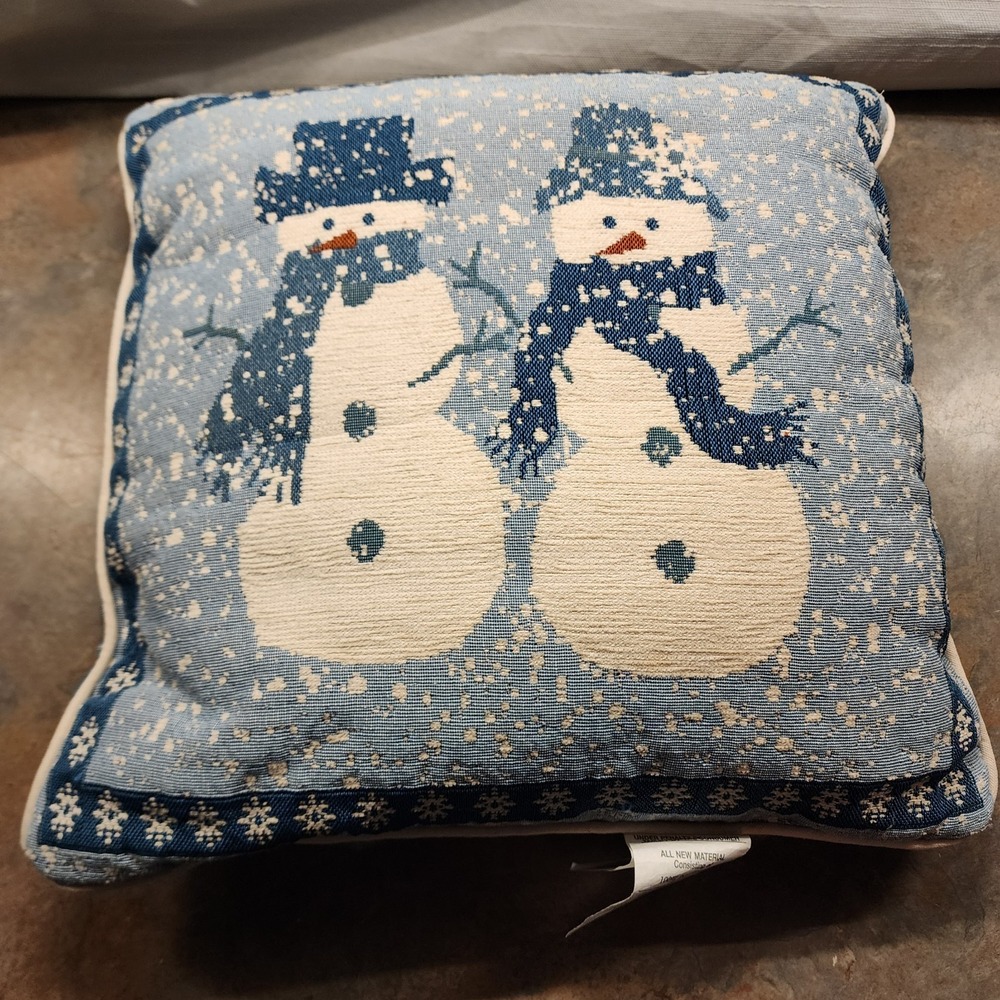 Tapestry Pillow Snowman Blue Snowmen 16" Throw Winter Snowflakes Snow Vintage